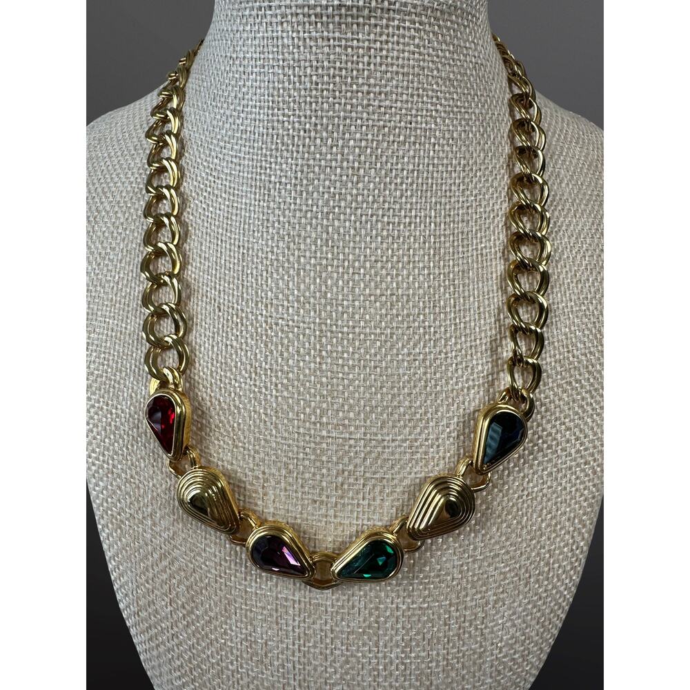Vintage Swarovski Gold Tone Multicolor Crystal Statement Necklace